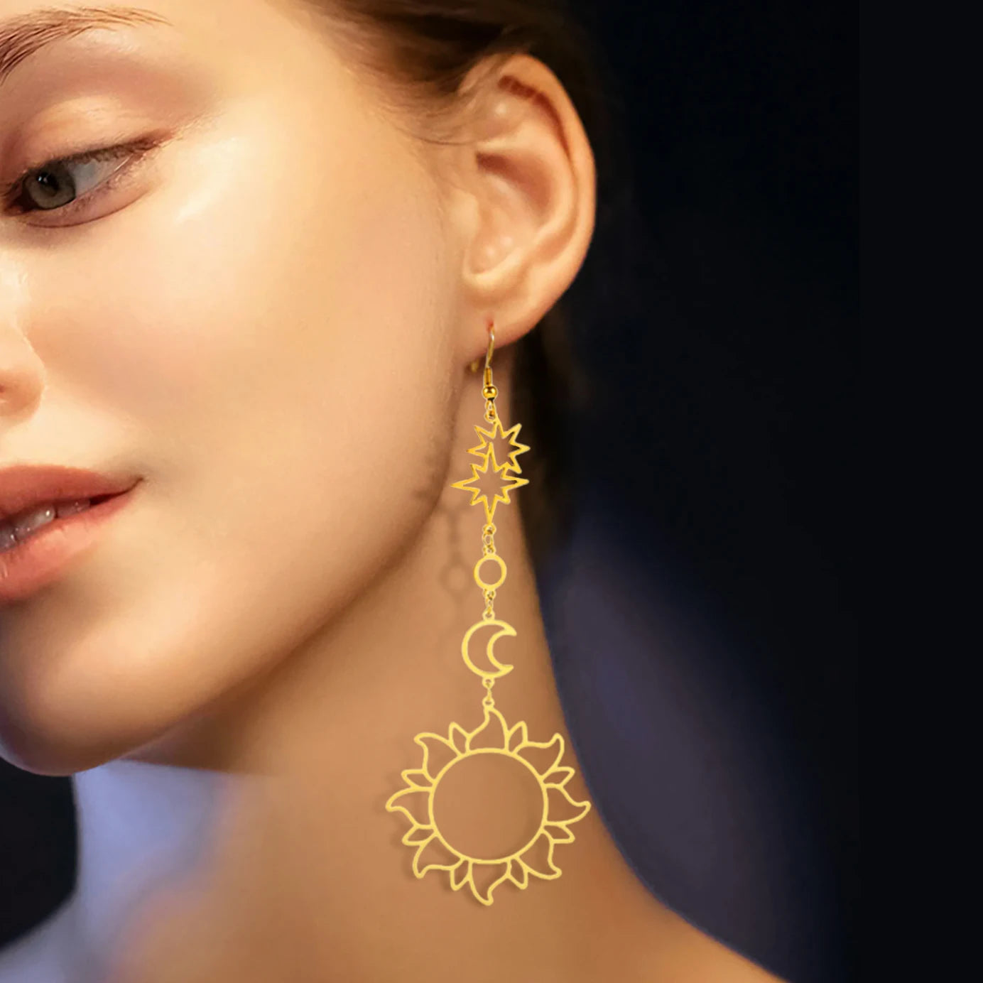 Syrim Long EarringsSPECIFICATIONS
Material: Metal
Metals Type: STAINLESS STEEL
Earring Type: drop earrings
Shape\pattern: Moon
Color: Steel / Gold
Why choose: 1. No rust; 2. Not AllergChic ForeverSyrim Long Earrings